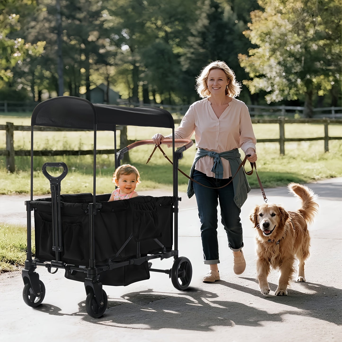 Foldable Luxury Stroller Wagon With Adjustable Canopy For Two Kids