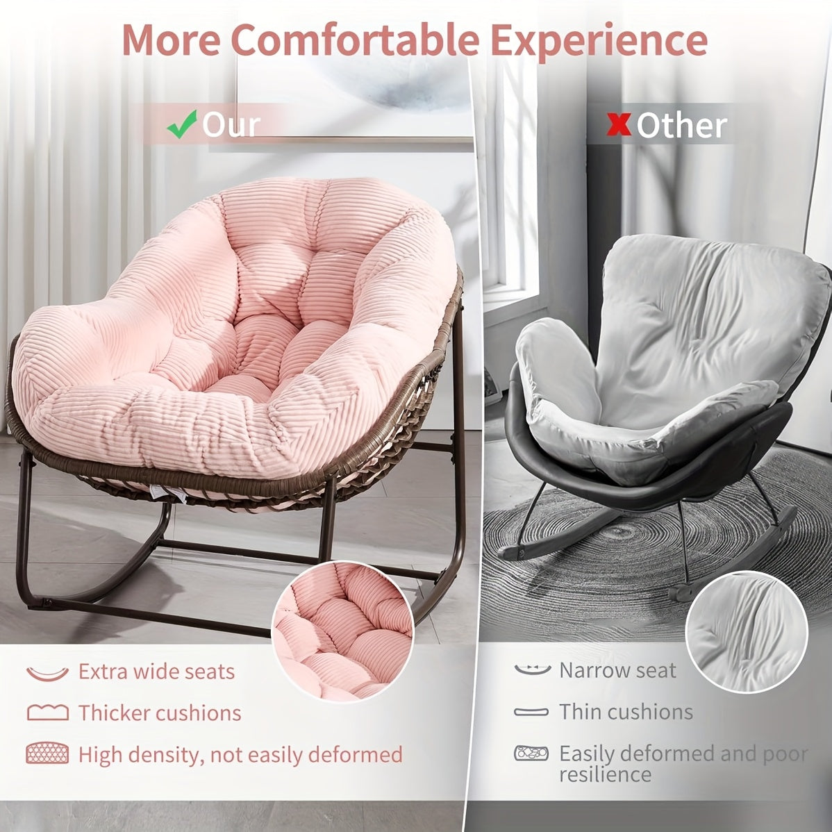 HOMEFUN Papasan Rocking Chair Outdoor Royal Rattan Cushion Two Pack