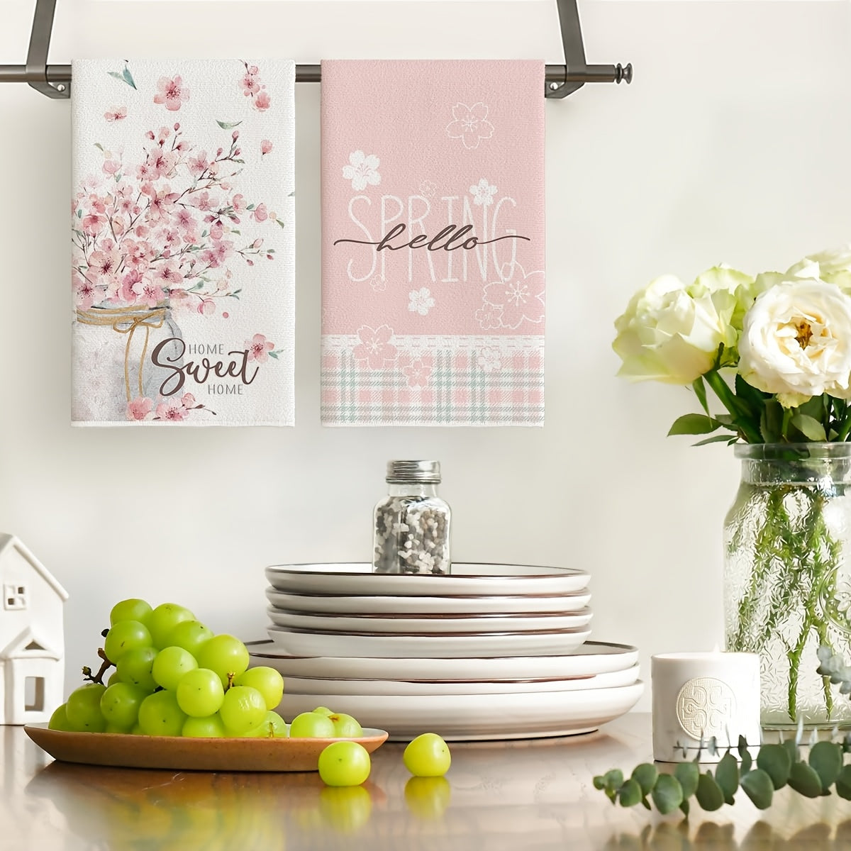 Spring Pink Cherry Blossom Dish Towels Suitable for Farmhouse Kitchen, Easter Decorations - Rustic Rectangular Hand & Dish Cloths with Flowers, Machine Washable, Spring Table Setting