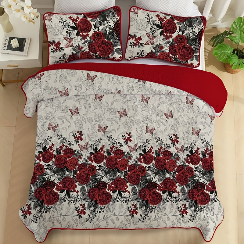 Romantic Rose Quilt Set Polyester Coverlet With Embellishments Machine Washable
