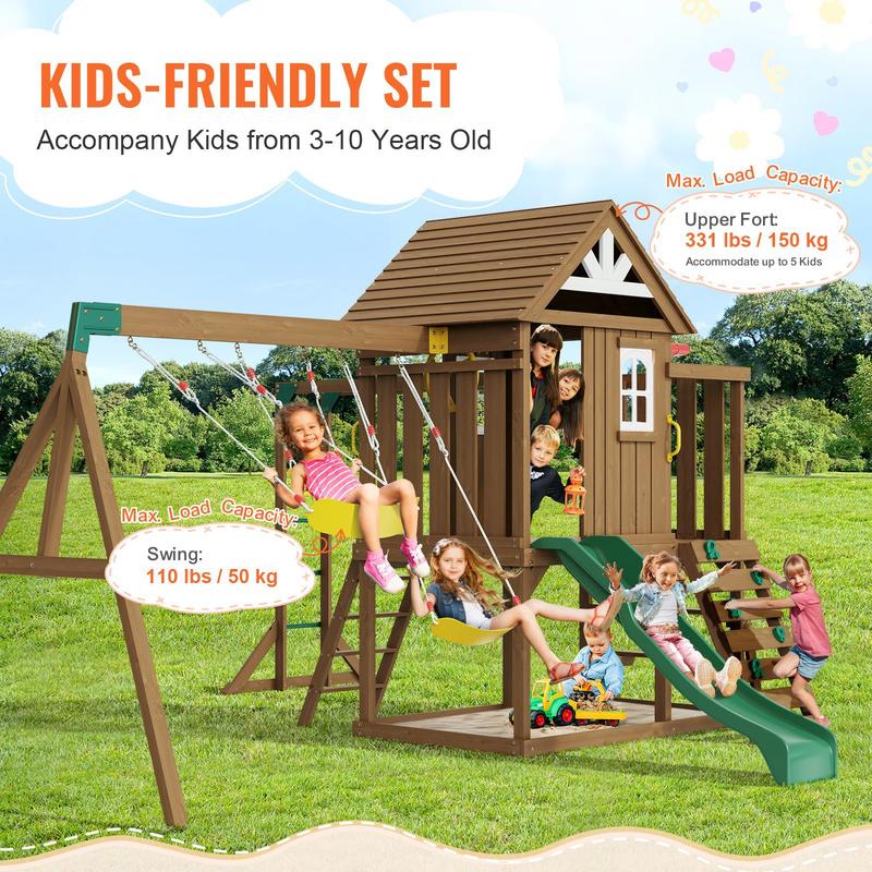 10-In-1 Outdoor Playground Set Swing Slide Climbing Wall Sandbox Fort