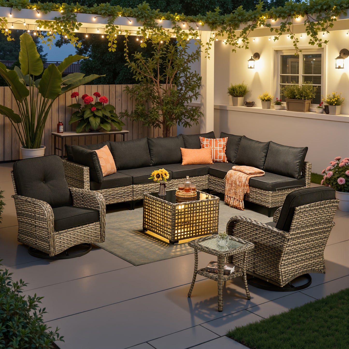 HOOOWOOO Outdoor Patio Furniture Set Wicker Sectional Sofa Swivel Chairs