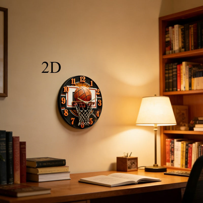 Basketball Wall Clock with Net, Silent Quartz Movement, Wood Frame