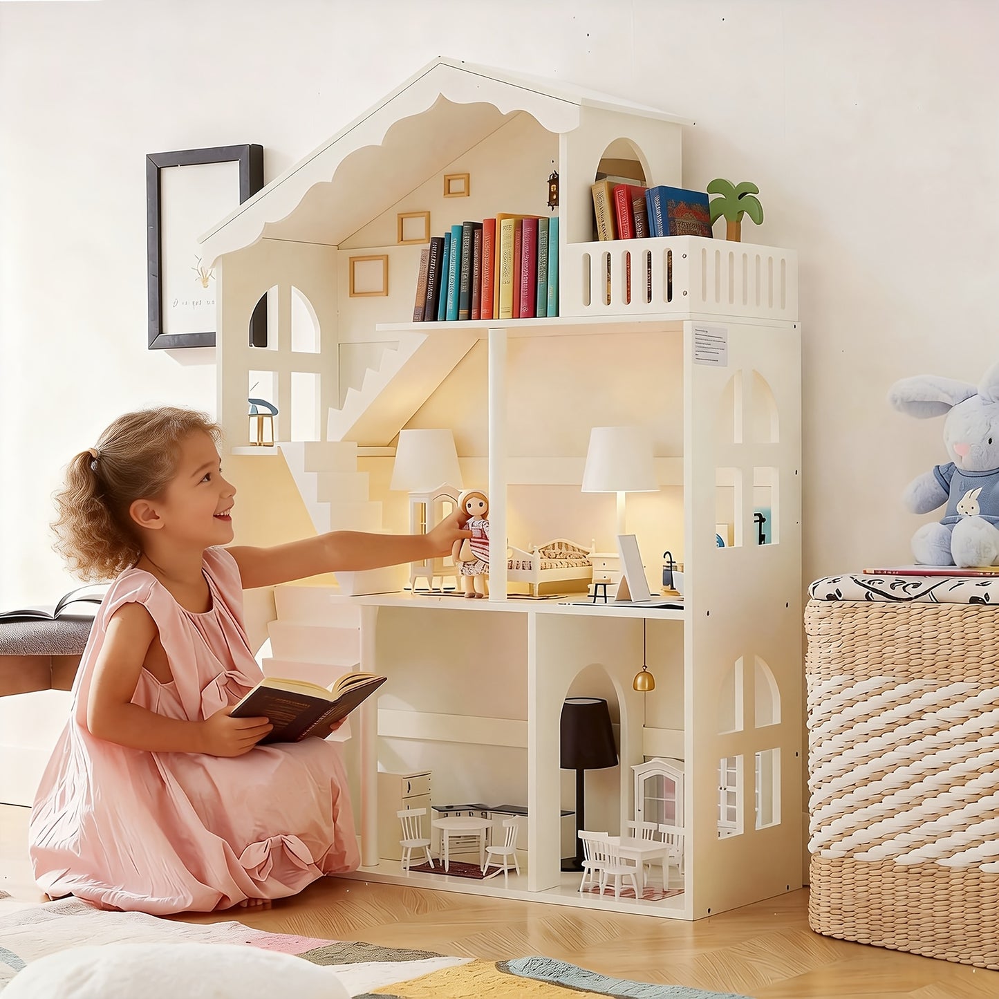 HILIROOM 3 Tier Freestanding Kids Bookshelf Dollhouse Storage