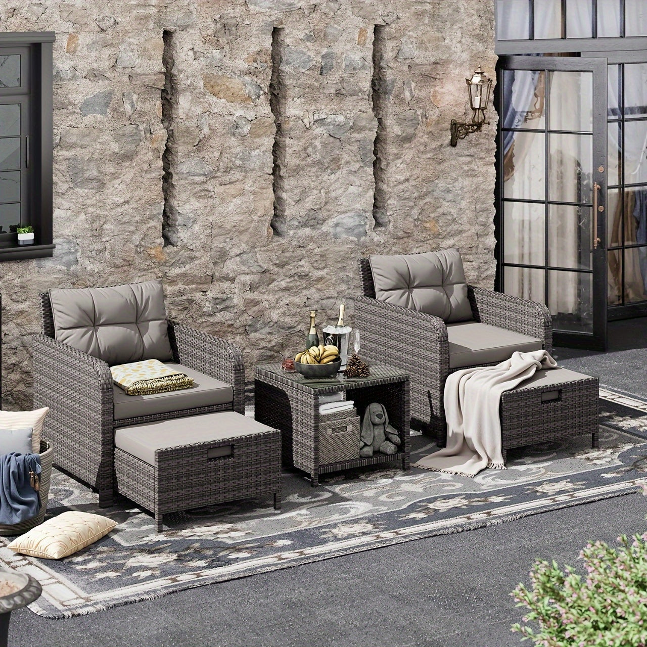 BIFANUO Balcony Furniture FivePiece Patio Conversation Set With Glass Table