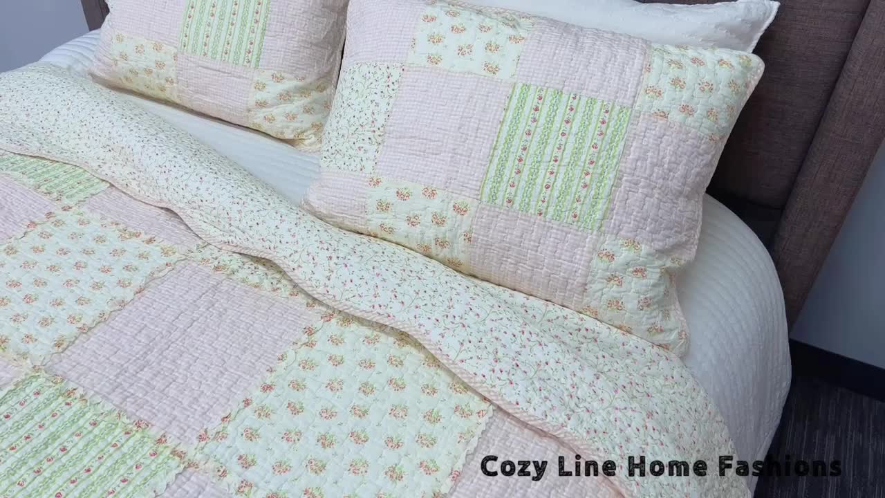 Lightweight Reversible Floral Bedspread Set Patchwork Cotton