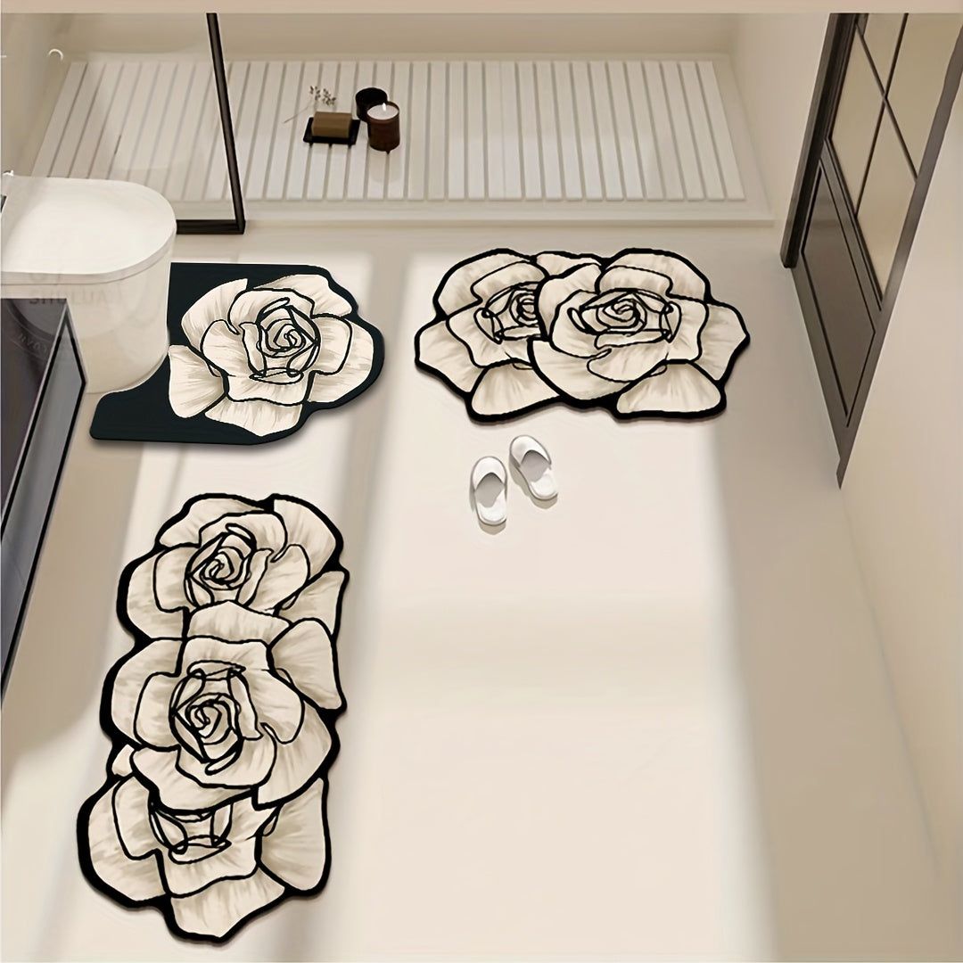 Elegant Floral Diatomite Bathroom Mat Set 3 Piece Non Slip