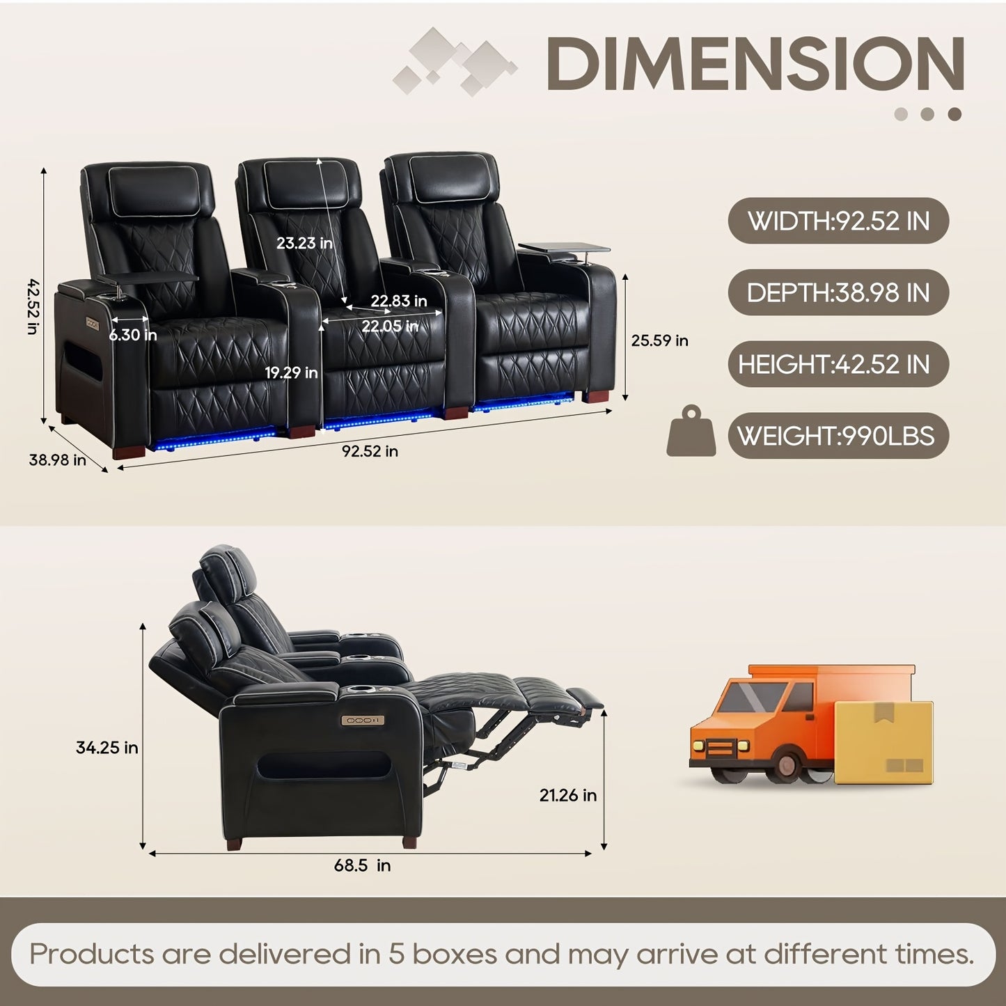 Consofa Home Theater Seating Power Recline Leather Memory Foam Sofa