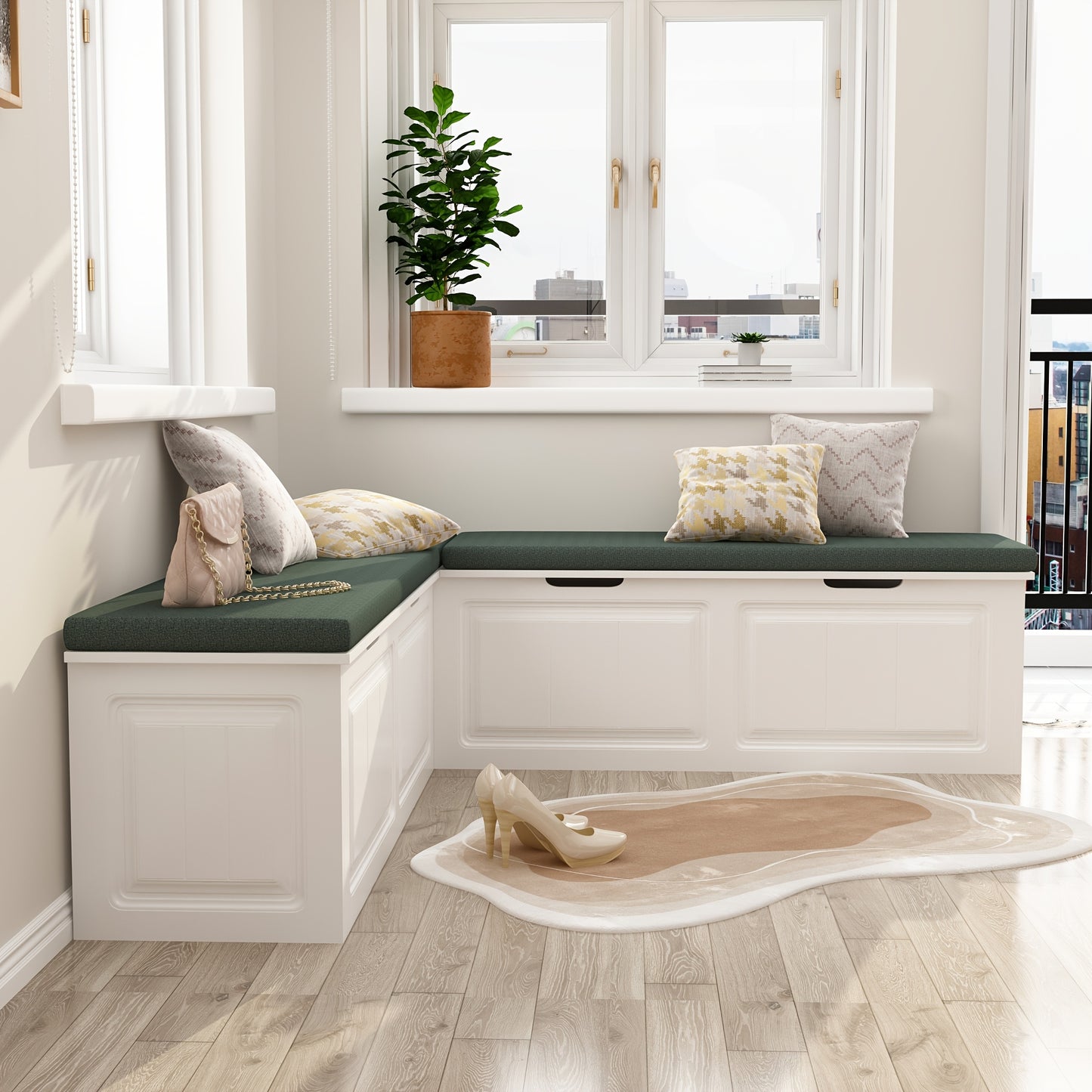 FUFU&GAGA Modern L Shaped Shoe Bench With Flip Storage Cabinet