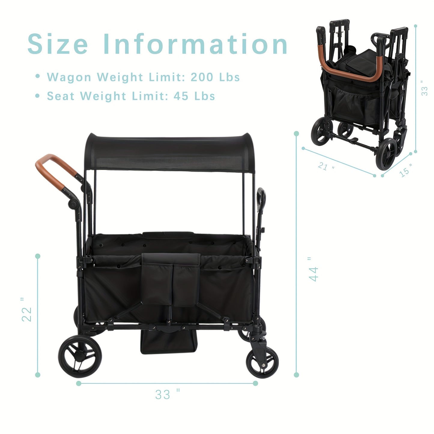 Foldable Luxury Stroller Wagon With Adjustable Canopy For Two Kids