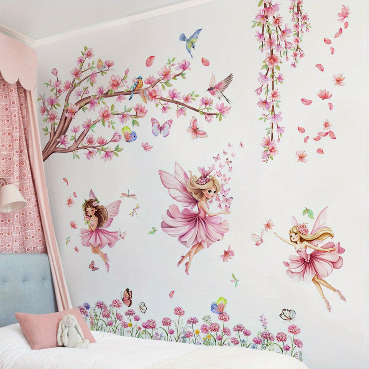 M15027 Elf Girl Wall Sticker Self Adhesive Birds And Butterflies