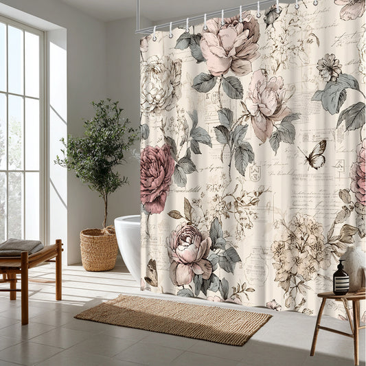 Vintage Romantic Floral Peony Shower Curtain Polyester Bath Decor
