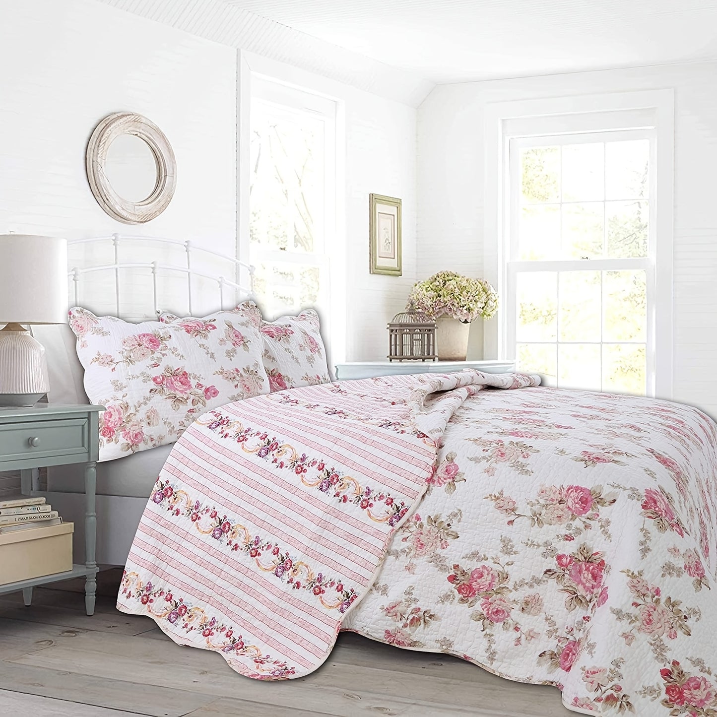 Lightweight Reversible Floral Bedspread Set Patchwork Cotton