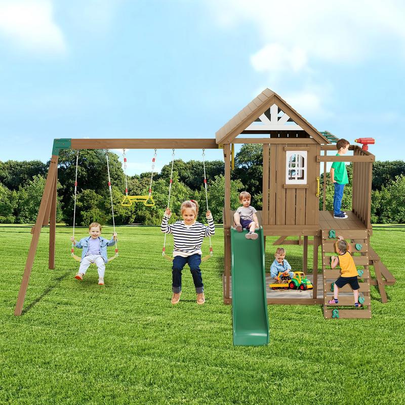 10-In-1 Outdoor Playground Set Swing Slide Climbing Wall Sandbox Fort