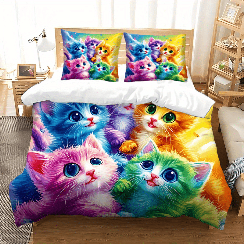 Cat Printed Quilt Cover Set Three Piece Pillowcases Polyester Bedding