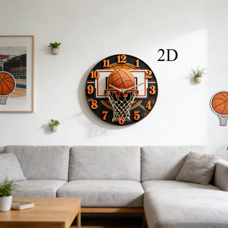 Basketball Wall Clock with Net, Silent Quartz Movement, Wood Frame