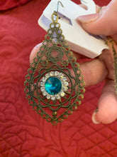 Victorian style antique bronze filigree with rhinestone embellishment drop ear ring