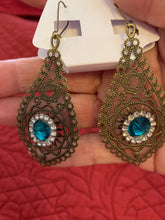 Victorian style antique bronze filigree with rhinestone embellishment drop ear ring