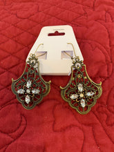 Victorian style antique bronze filigree rhinestone embellished drop ear rings