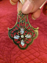 Victorian style antique bronze filigree rhinestone embellished drop ear rings