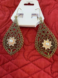 Victorian style antique bronze filigree tear drop rhinestone embellished drop ear ring