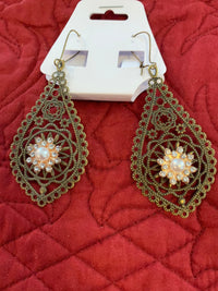Victorian style antique bronze filigree tear drop rhinestone embellished drop ear ring