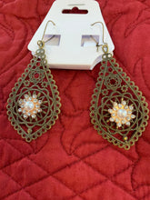 Victorian style antique bronze filigree tear drop rhinestone embellished drop ear ring