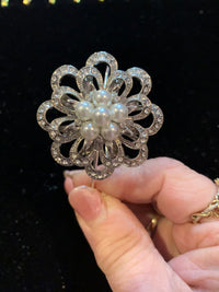 Rhinestone and pearl Victorian style floral bangle bracelet. Adjustable to fit any wrist size