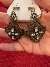 Victorian style antique bronze filigree rhinestone embellished drop ear rings