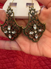 Victorian style antique bronze filigree rhinestone embellished drop ear rings