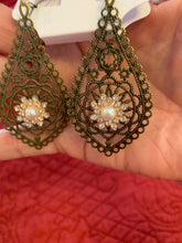 Victorian style antique bronze filigree tear drop rhinestone embellished drop ear ring