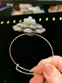 Rhinestone and pearl Victorian style floral bangle bracelet. Adjustable to fit any wrist size
