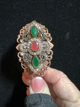 Vintage Style Copper Filigree Bracelet: Red, Green, Clear Rhinestone Jewel