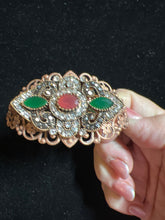 Vintage Style Copper Filigree Bracelet: Red, Green, Clear Rhinestone Jewel