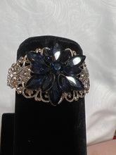 Silver Filigree Bracelet: Blue Rhinestone Starburst Jewel, Adjustable Bangle
