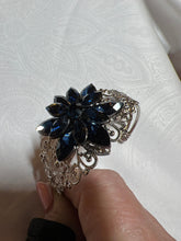Silver Filigree Bracelet: Blue Rhinestone Starburst Jewel, Adjustable Bangle