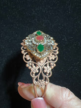 Vintage Style Copper Filigree Bracelet: Red, Green, Clear Rhinestone Jewel