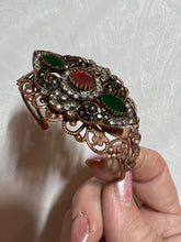 Vintage Style Copper Filigree Bracelet: Red, Green, Clear Rhinestone Jewel