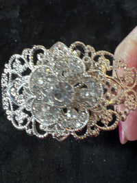 Silver Filigree Cuff Bracelet: Rhinestone Floral Vintage Style
