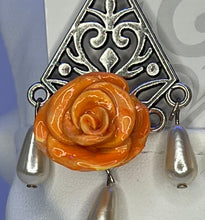 Handmade orange and yellow mixed clay rose earrings on silver chandelier base