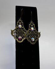 Chandelier shaped antique bronze filigree ear rings with swarskey crystal embellishments