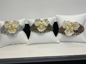 Filigree Bracelet: Pearl Flower, Rhinestone Adornment, Adjustable Cuff