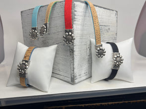 Cork and denim bracelets with silver flower hook