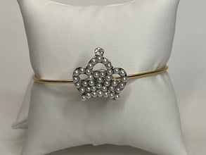 Pearl  and clear  rhinestone crown bangle bracelet on gold bangle adjustable size