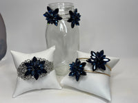 Silver Filigree Bracelet: Blue Rhinestone Starburst Jewel, Adjustable Bangle