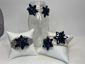 Silver Filigree Bracelet: Blue Rhinestone Starburst Jewel, Adjustable Bangle