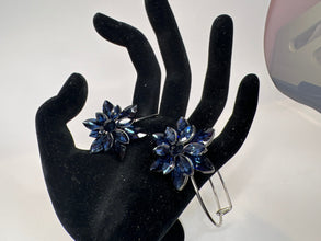 Silver Filigree Bracelet: Blue Rhinestone Starburst Jewel, Adjustable Bangle