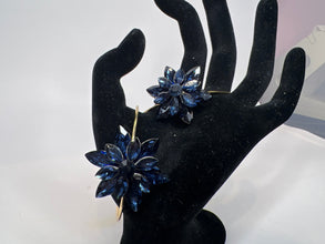 Silver Filigree Bracelet: Blue Rhinestone Starburst Jewel, Adjustable Bangle