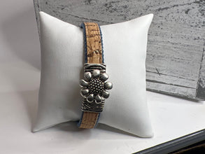 Cork and denim bracelets with silver flower hook