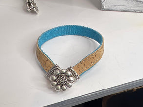 Cork and denim bracelets with silver flower hook